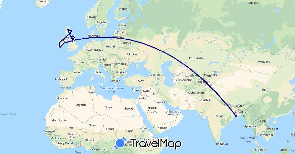 TravelMap itinerary: driving in United Kingdom, Ireland, India (Asia, Europe)